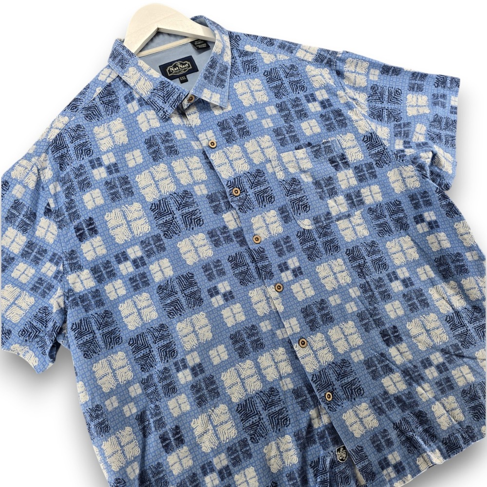 Nat Nast Mens XXL Blue Silk Cotton Geometric Print Short Sleeve Button Up Shirt